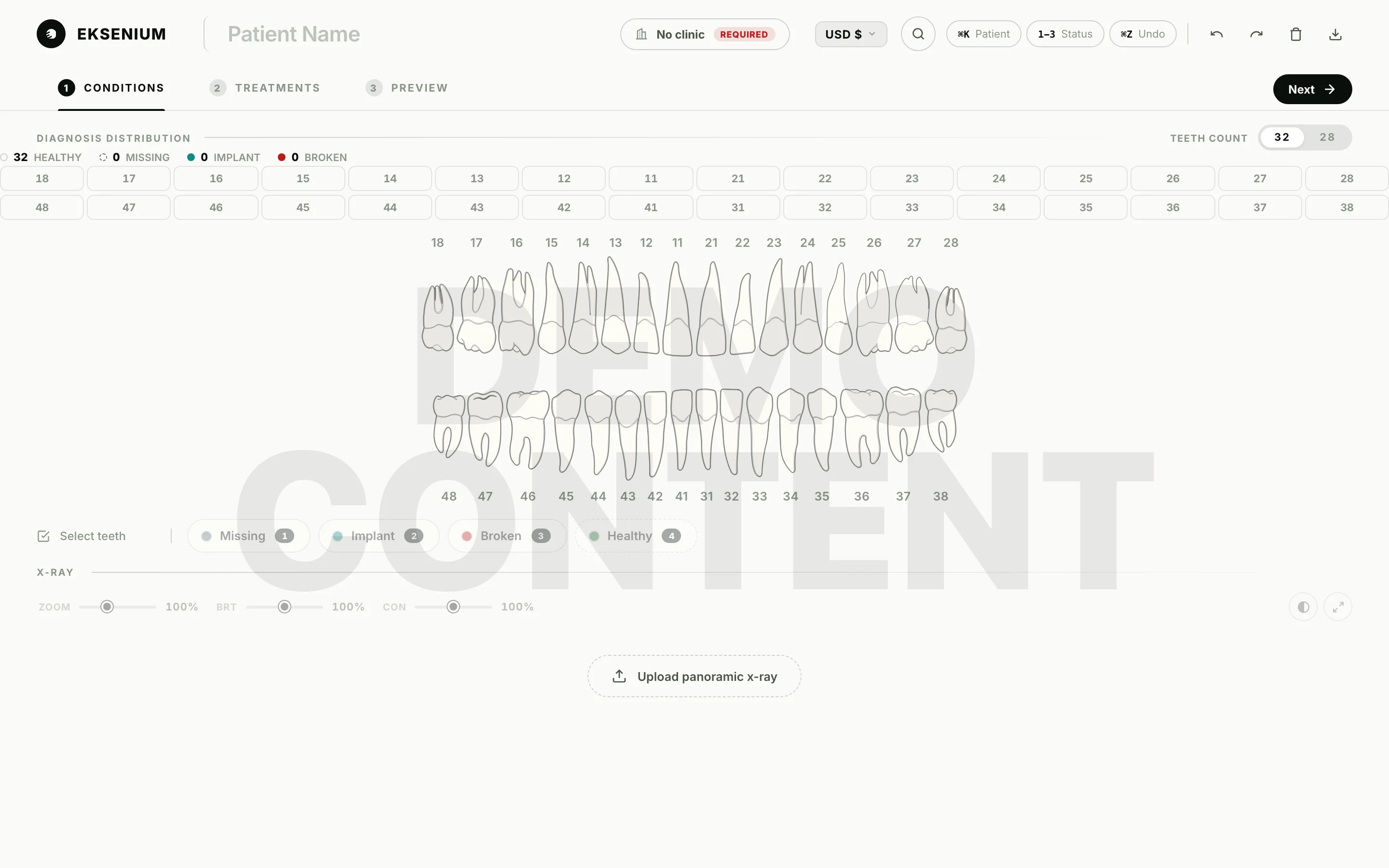 Eksenium Dental Canvas demo — diş haritası + dummy klinik seçimi — 1/3