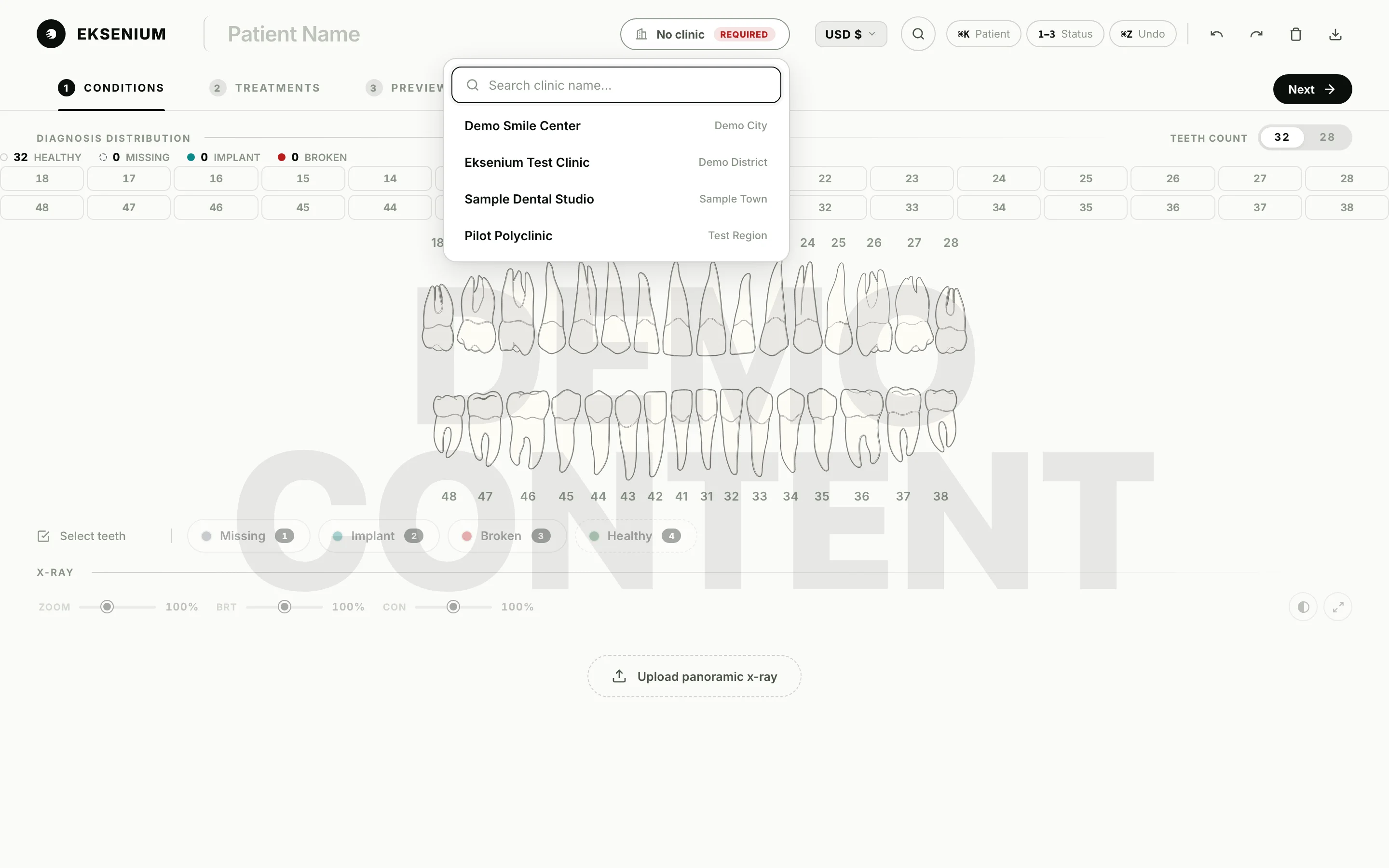 Eksenium Dental Canvas demo — diş haritası + dummy klinik seçimi — 2/3